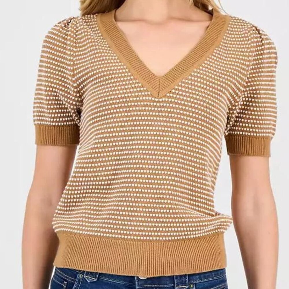 Tommy Hilfiger Textured Shirt Sleeve Sweater Large Brown Preppy Minimalist